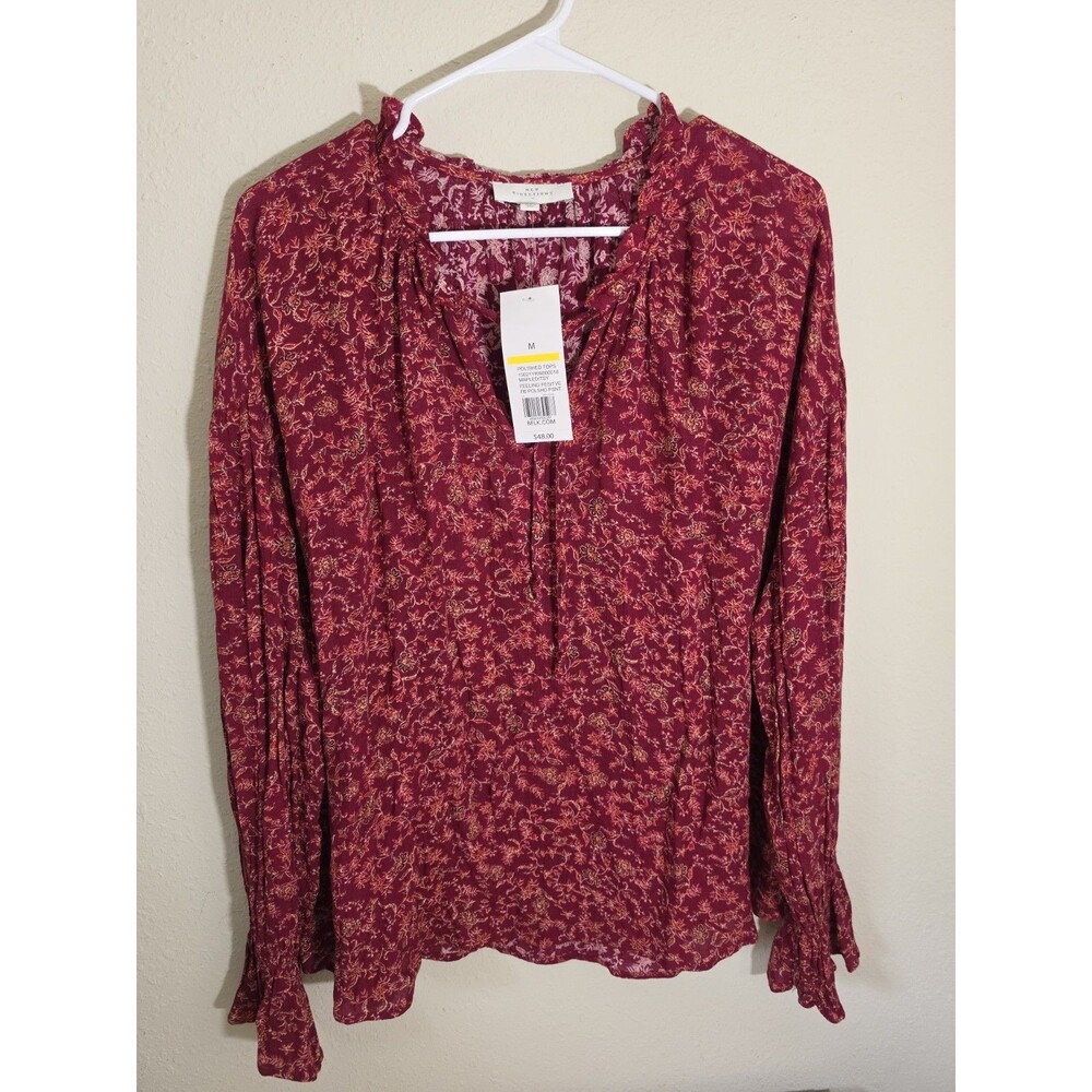 New Directions Women’s Floral Peasant Blouse Top Size Medium NWT Burgundy